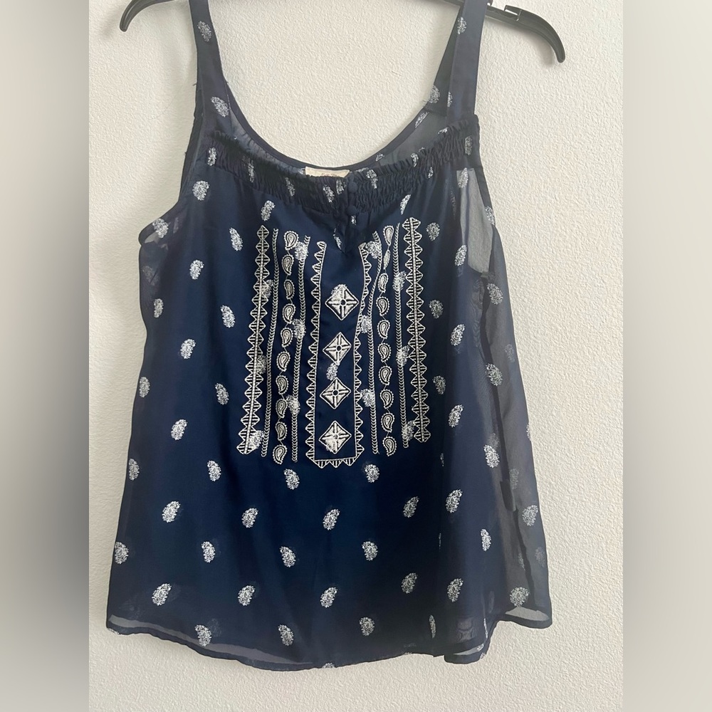 E and M navy blue sheer detail top size large